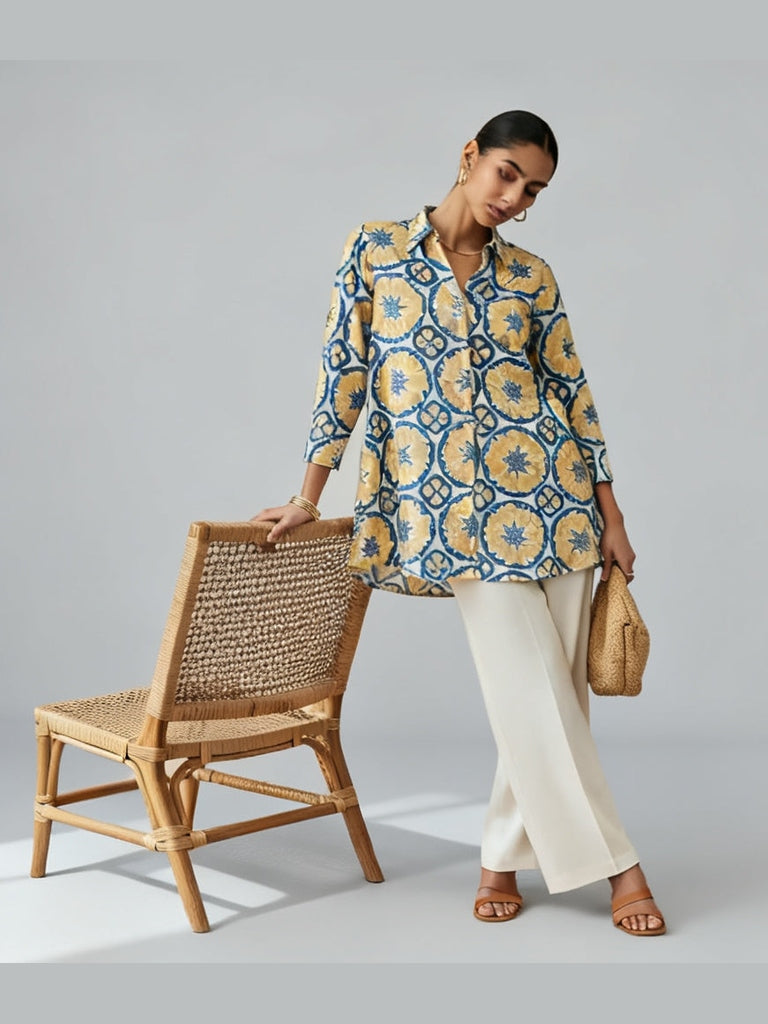 OFF-WHITE AND BLUE COTTON A-LINE SHIRT