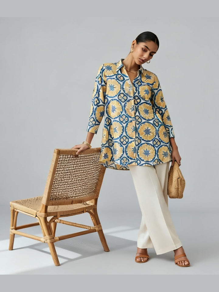 OFF-WHITE AND BLUE COTTON A-LINE SHIRT