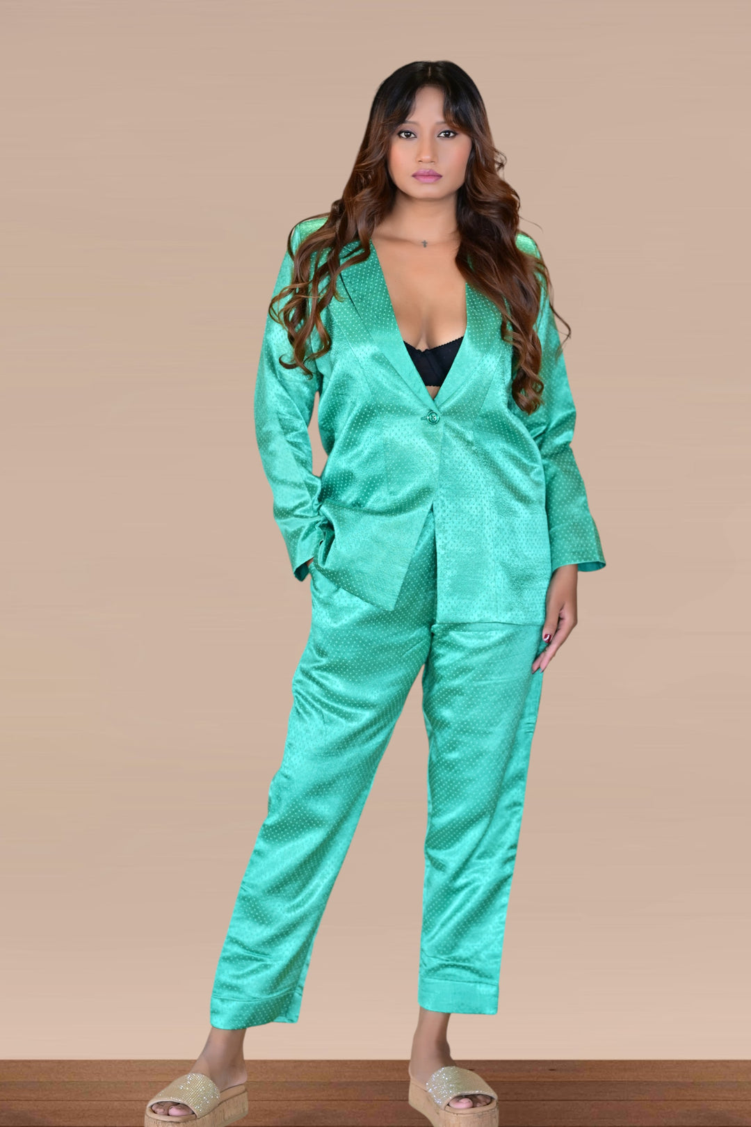 Mashroor Silk Blazer Set, silk co ord set, green co-ord set, party co-ord sets
