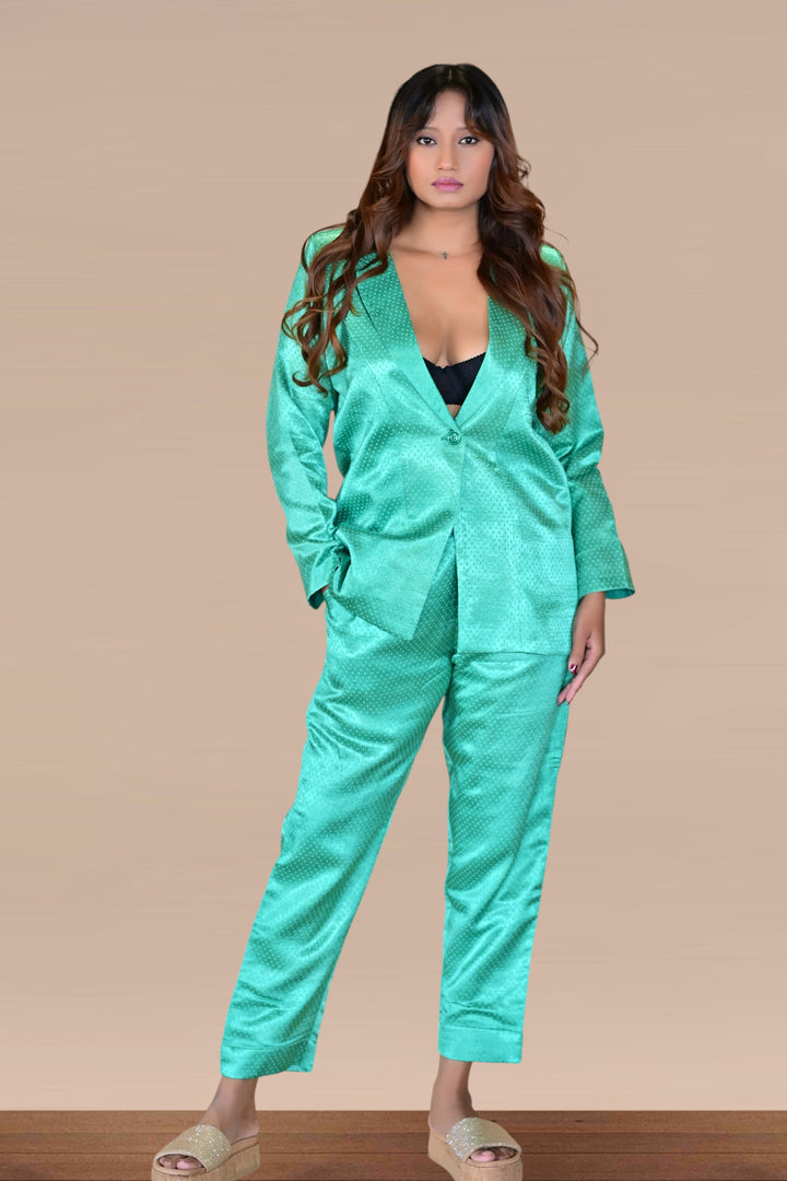 Mashroor Silk Blazer Set, silk co ord set, green co-ord set, party co-ord sets
