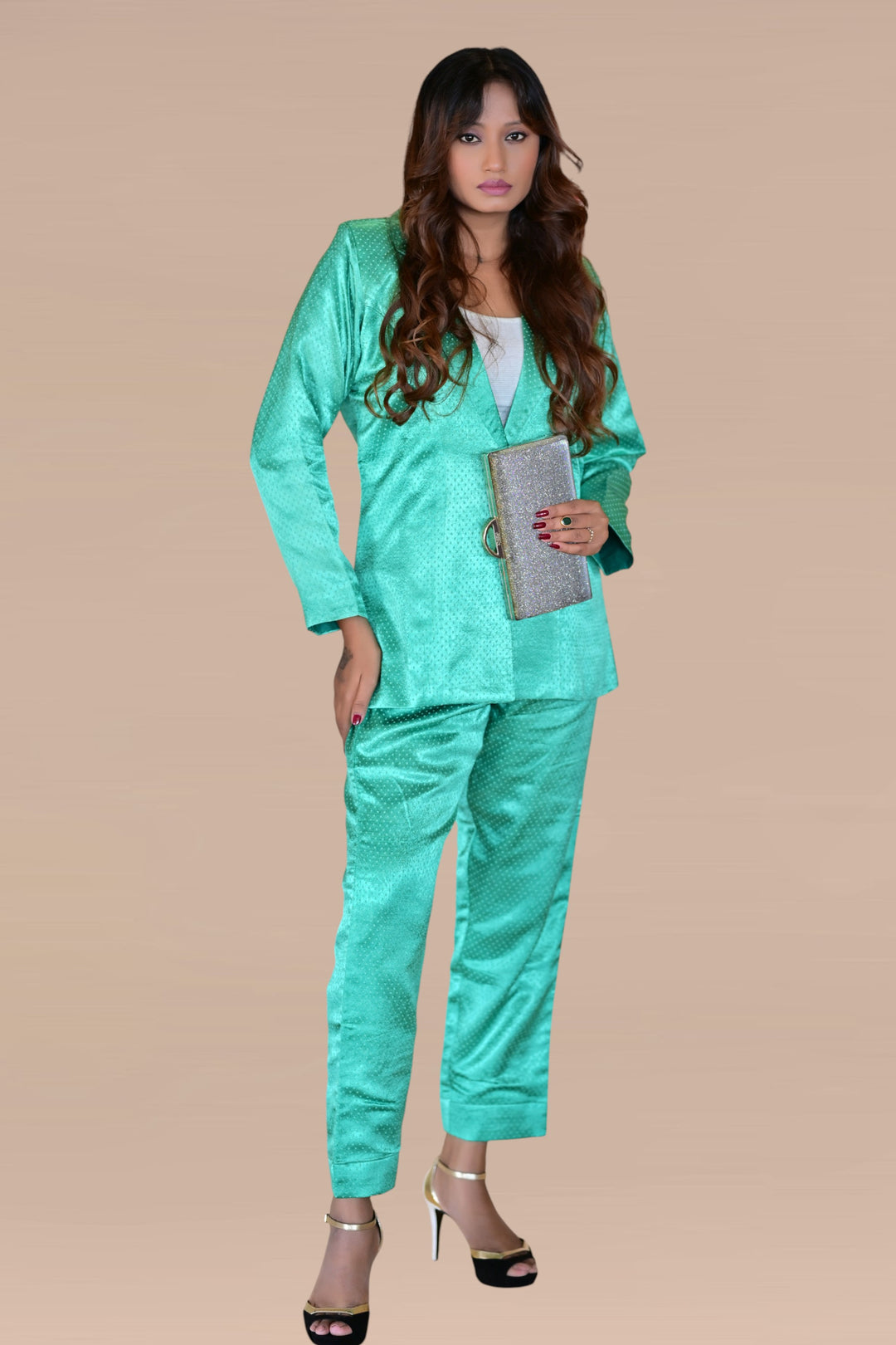 Mashroor Silk Blazer Set, silk co ord set, green co-ord set, party co-ord sets

