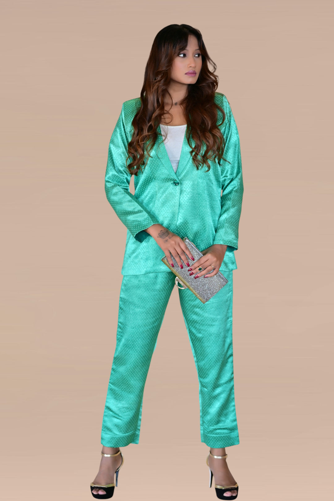 Mashroor Silk Blazer Set, silk co ord set, green co-ord set, party co-ord sets
