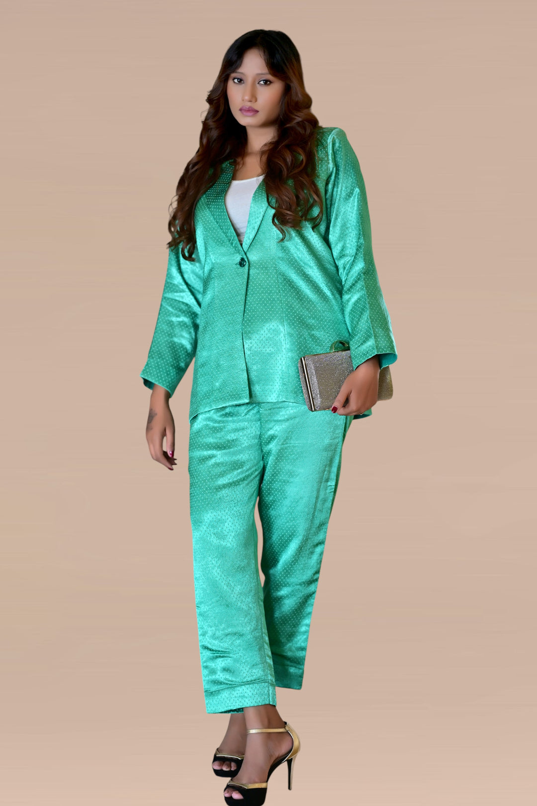 Mashroor Silk Blazer Set, silk co ord set, green co-ord set, party co-ord sets
